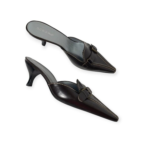 BCBGirls Brown Pointed Toe Kitten Heel Loafer Mules With Buckle Detail SZ 7.5 - Picture 1 of 14